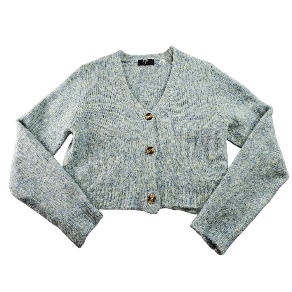 Tahari Cropped Cardigan Sweater Womens Medium Blue Green Cozy Knit Button Front